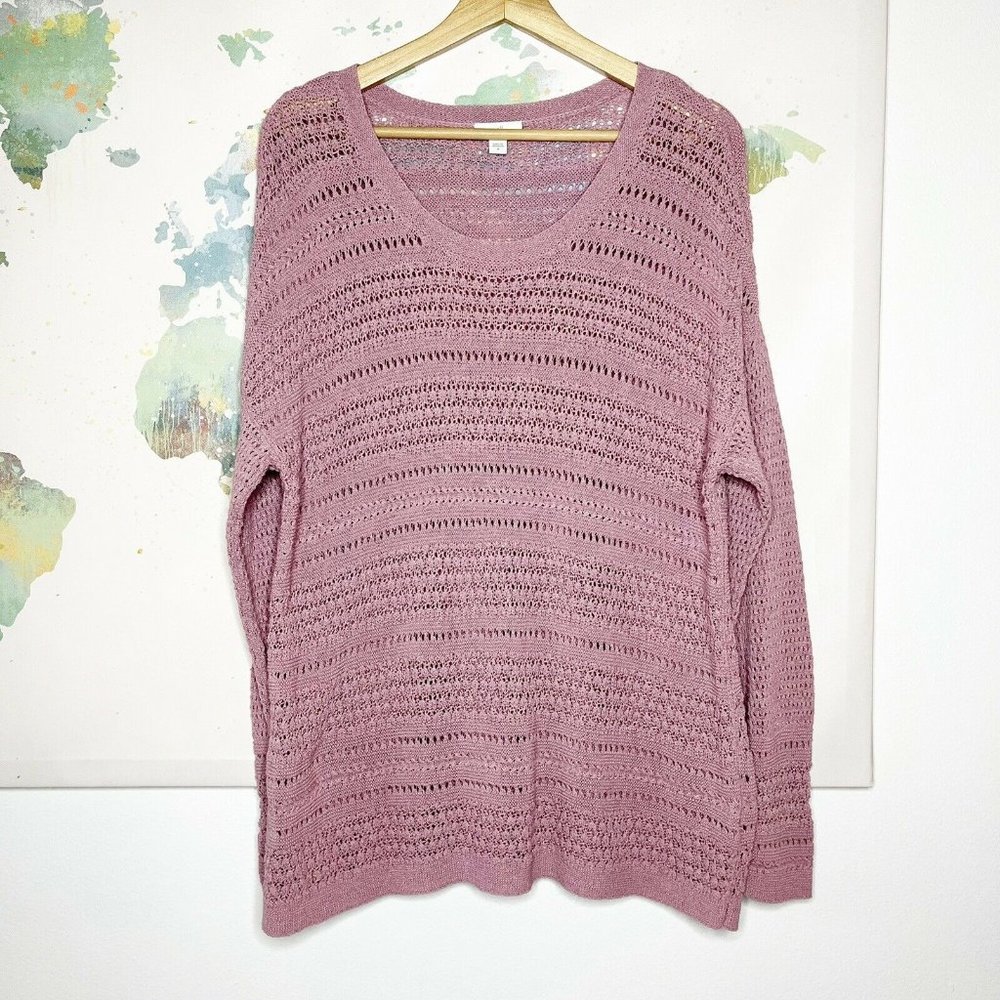 J Jill Size Medium Sweater Tunic Rose Pink Open Knit Scoop Neck Long Sleeve